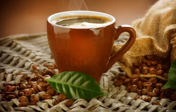 Picture coffee, Cup, coffee beans, leaves, aroma