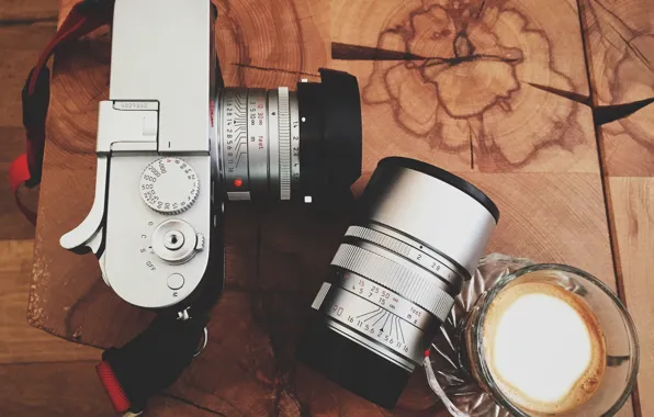Picture table, camera, lens, coffee