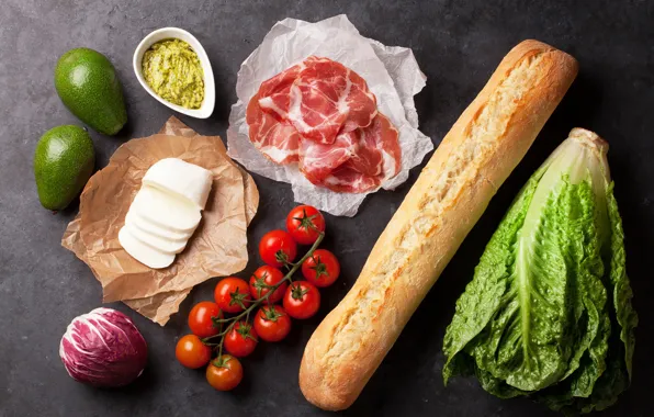 Cheese, bread, tomatoes, cabbage, bacon, avocado