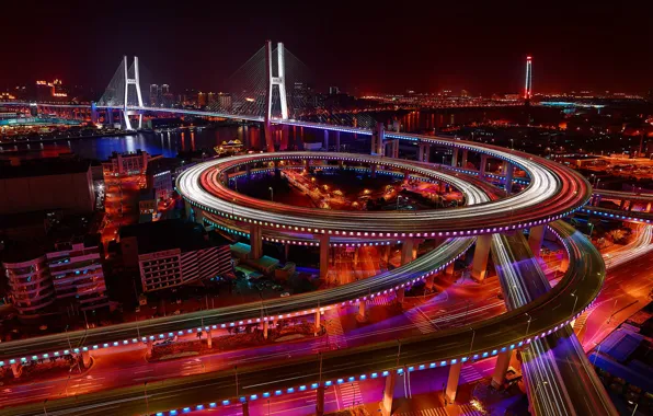 Night, bridge, the city, lights, excerpt, China, Shanghai, Nanpu Bridge