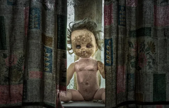 Doll, window, curtains