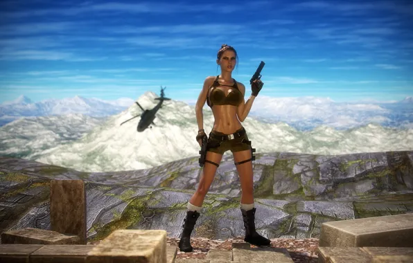 Picture chest, girl, mountains, gun, body, art, helicopter, lara croft
