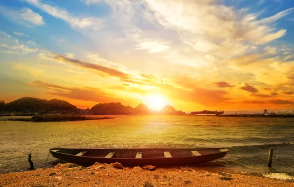 Picture sea, the sky, the sun, clouds, light, sunset, mountains, shore
