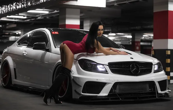 Picture girl, white, mercedes, dress, amg