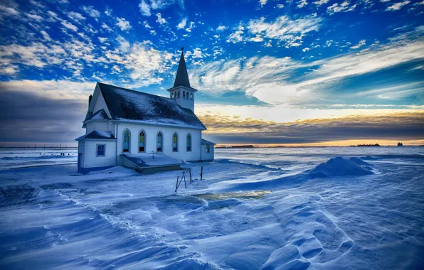 Picture winter, the sky, clouds, snow, Church, glow