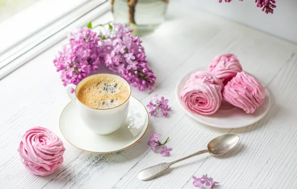 Flowers, pink, lilac, cakes, morning, coffee cup, marshmallows, lilac