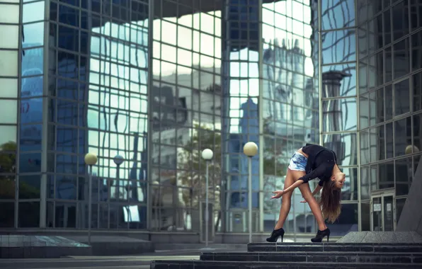 Girl, the city, shorts, bending, shoes, fracture, Samantha Moon