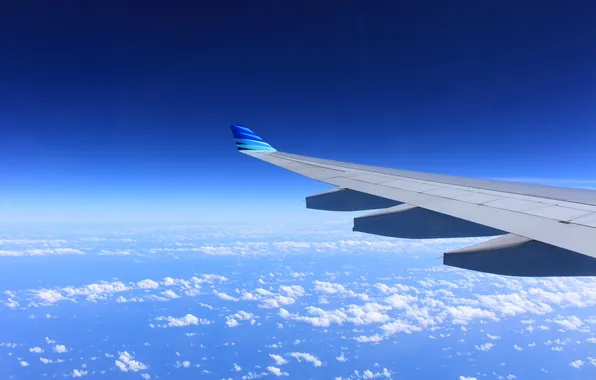 The sky, wing, the atmosphere, the plane