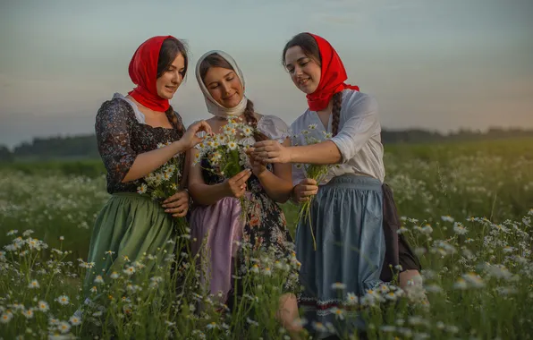 Picture field, flowers, three girls, Tatyana Shepeleva