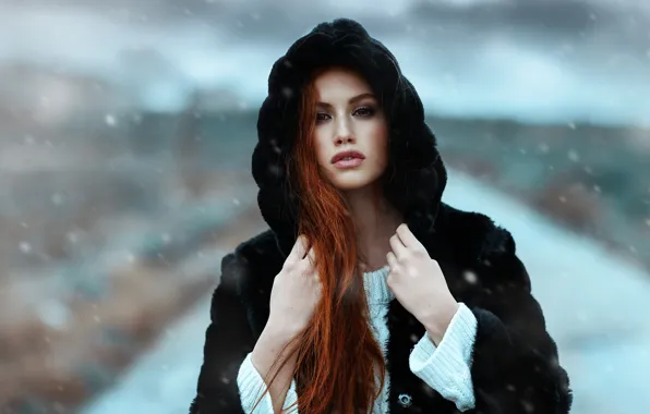 Winter, look, snowflakes, background, model, portrait, hands, makeup