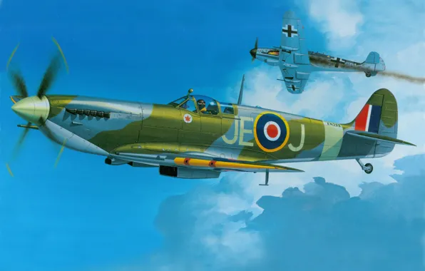 Picture aircraft, war, art, spitfire, airplane, aviation, ww2, dogfight