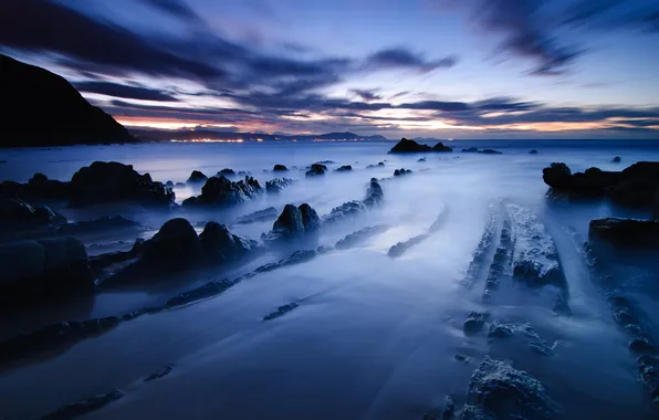 Picture sea, sunset, blue, fog, stones
