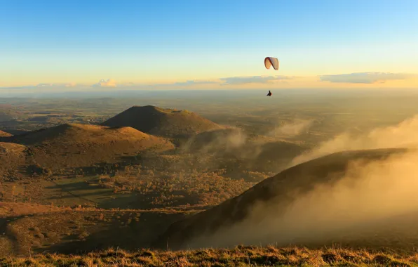 Forest, the sky, flight, mountains, fog, dawn, hills, people