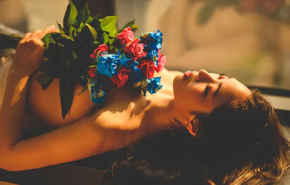 Chest, glass, girl, the sun, light, flowers, face, pose