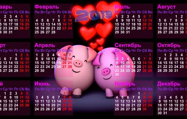Black background, calendar, number, days, months, weeks, pigs, Two thousand nineteen