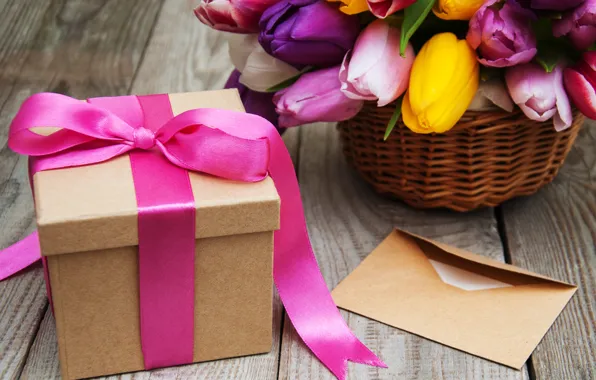 Letter, gift, bouquet, tape, tulips, basket, congratulations, Olena Rudo