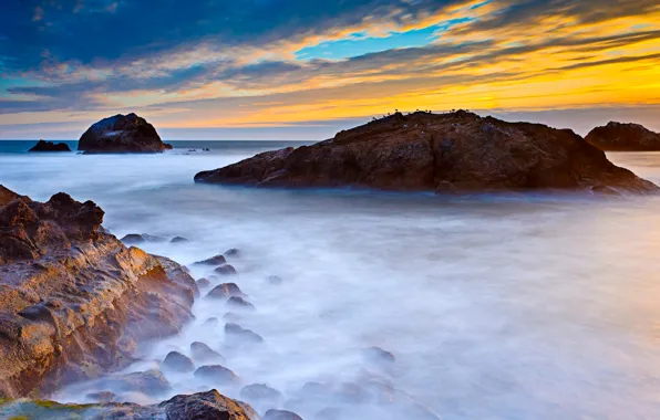 Picture sea, the sky, clouds, sunset, stones, rocks