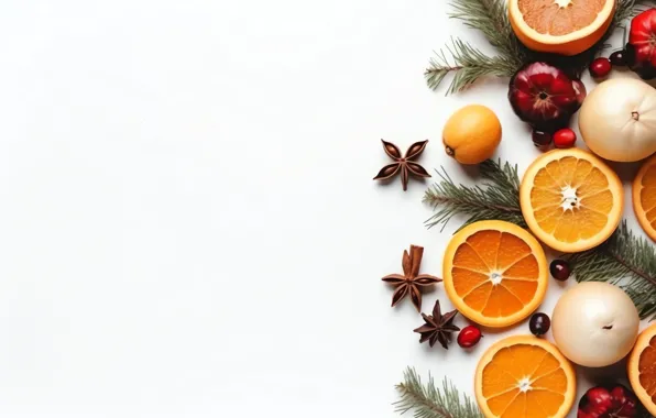 Branches, oranges, Christmas, white background, New year, fruit, needles, circles