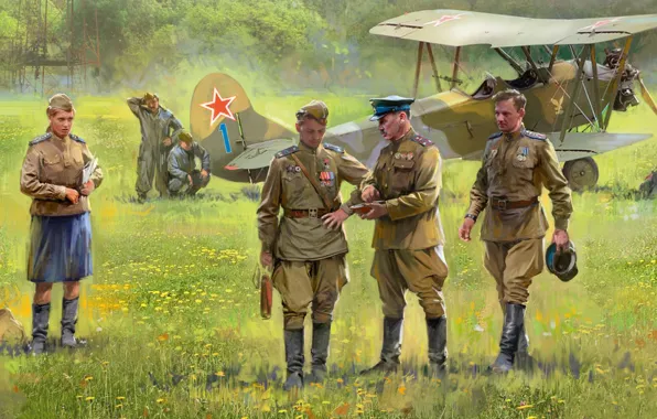 Picture USSR, the airfield, pilots, The red army, Soviet multirole biplane, In 2ВС, primary liaison aircraft …