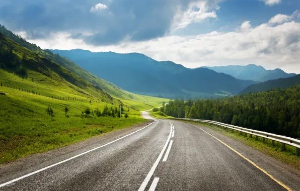 Picture road, field, forest, the sky, clouds, trees, landscape, mountains