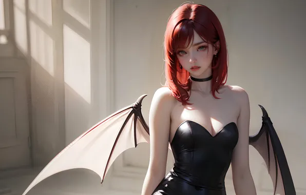 Neckline, vampire, beautiful girl, a beam of light, ryzhie hair, bat wings, bare shoulders