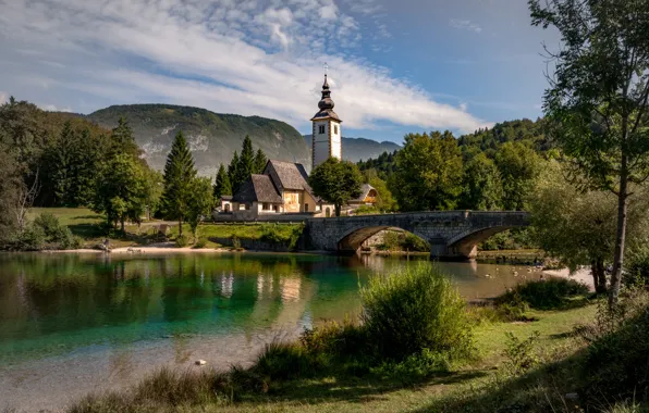 Landscape, mountains, nature, lake, Church, Slovenia, Bohinj