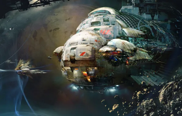 Space, Ship, Space, Art, Fiction, Asteroids, Daniel Dociu, Spaceship