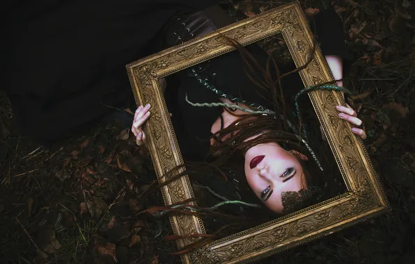 Autumn, girl, style, the dark background, foliage, frame, makeup, fantasy