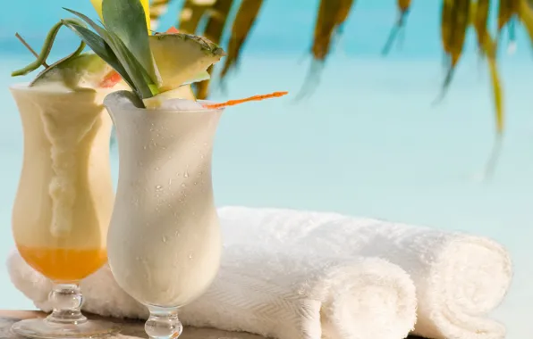Fruit, beach, fresh, towels, cocktails, fruit, drink, palms