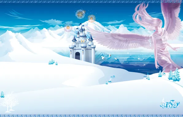 Winter, mountains, castle, angel, anime