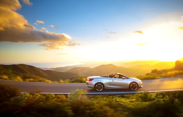 Picture the sky, The sun, Clouds, Machine, Convertible, Opel, Side view, In Motion