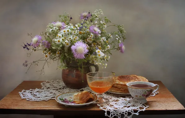 Picture summer, flowers, tea, OSA, honey, still life, pancakes, field