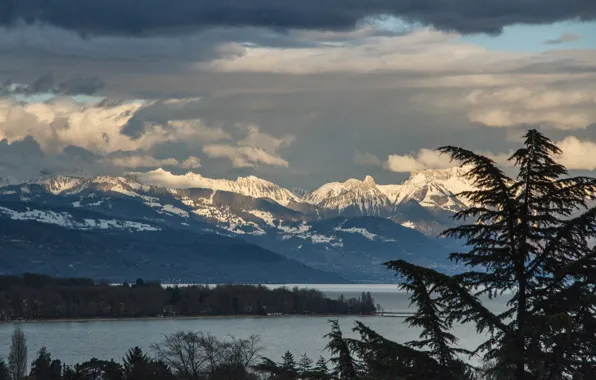 Clouds, snow, trees, mountains, lake, tops