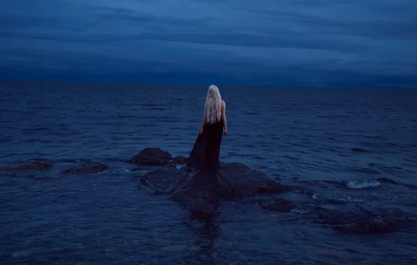 The sky, girl, clouds, stones, mood, dress, blonde, twilight
