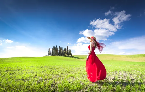 Field, girl, blue, hat, Italy, red dress, cypress