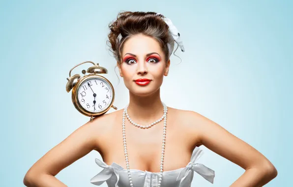 Girl, face, background, watch, surprise, makeup, dress, alarm clock