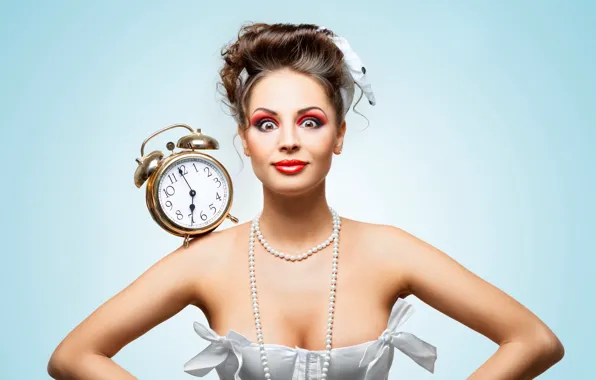 Picture girl, face, background, watch, surprise, makeup, dress, alarm clock