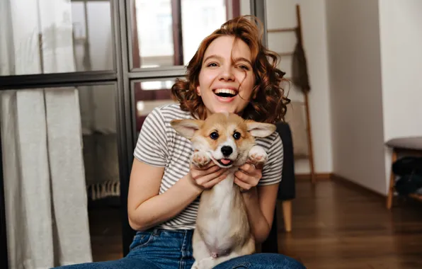 Picture girl, smile, mood, laughter, dog, puppy, face, doggie