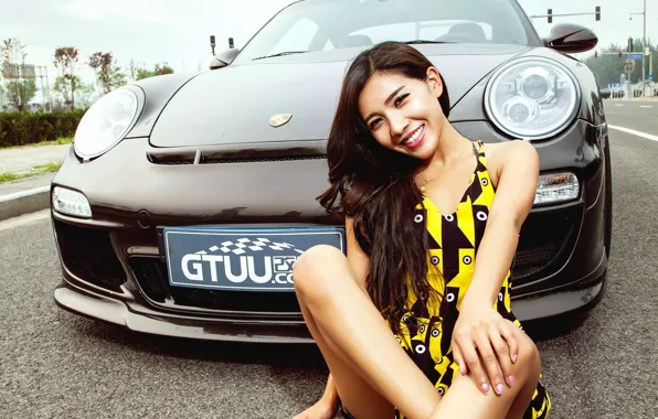 Auto, look, girl, smile, Porsche, Asian, beautiful girl