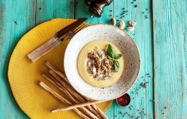 Food, bread, spices, garlic, Basil, soup