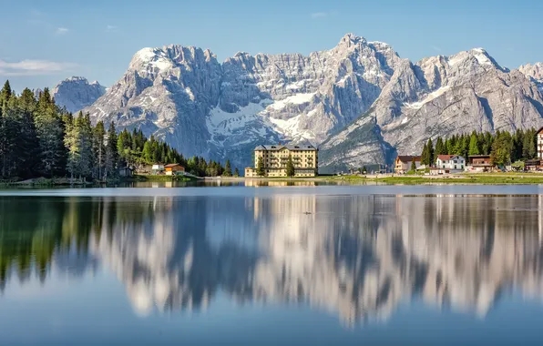 Mountains, lake, Italy, The Dolomites