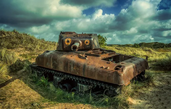 Dunes, tank, abandoned, Normandy