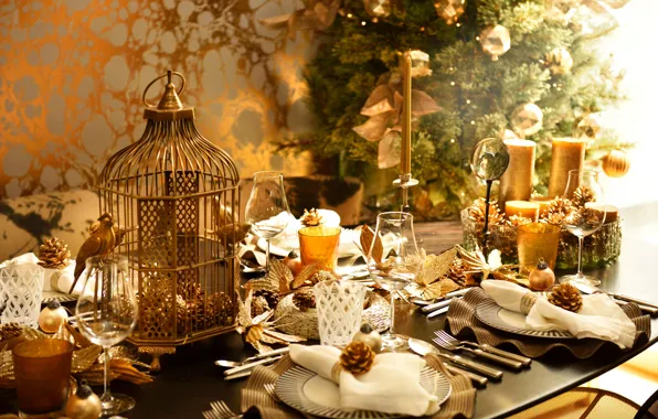 Decoration, table, balls, candles, New Year, Christmas, holidays, Christmas