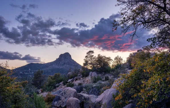Clouds, trees, mountains, rocks, USA, Arizona, Prescott