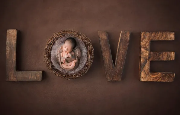 Love, branches, pose, letters, child, sleep, baby, sleeping