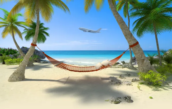 Sea, beach, tropics, The plane, hammock, beach, sea, hammock