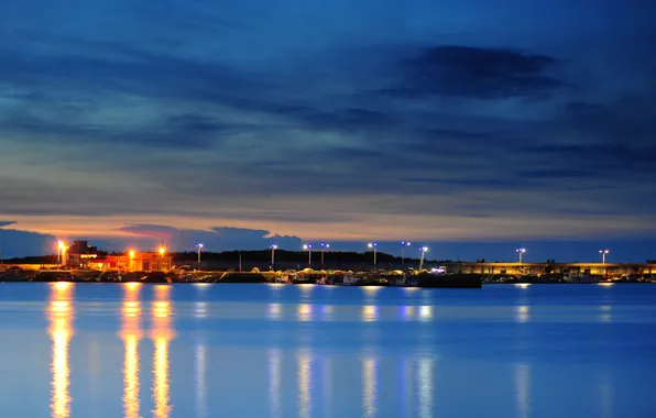 Picture the sky, clouds, sunset, orange, Strait, blue, the evening, lighting