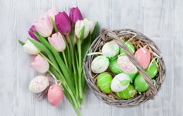 Flowers, eggs, bouquet, spring, colorful, Easter, tulips, pink