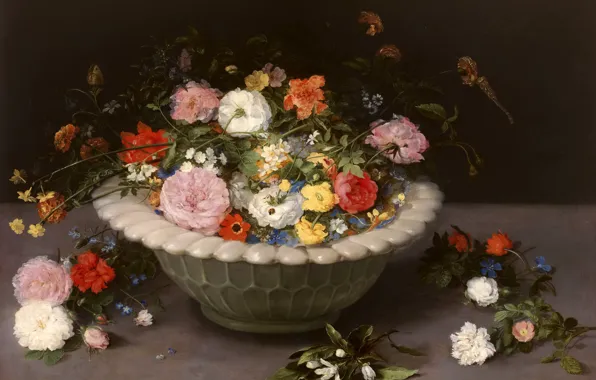 Leaves, petals, vase, Jan Brueghel the elder, Still life with Flowers