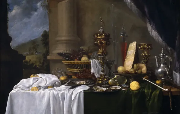 Basket, food, picture, vase, pitcher, fruit, still life, oysters